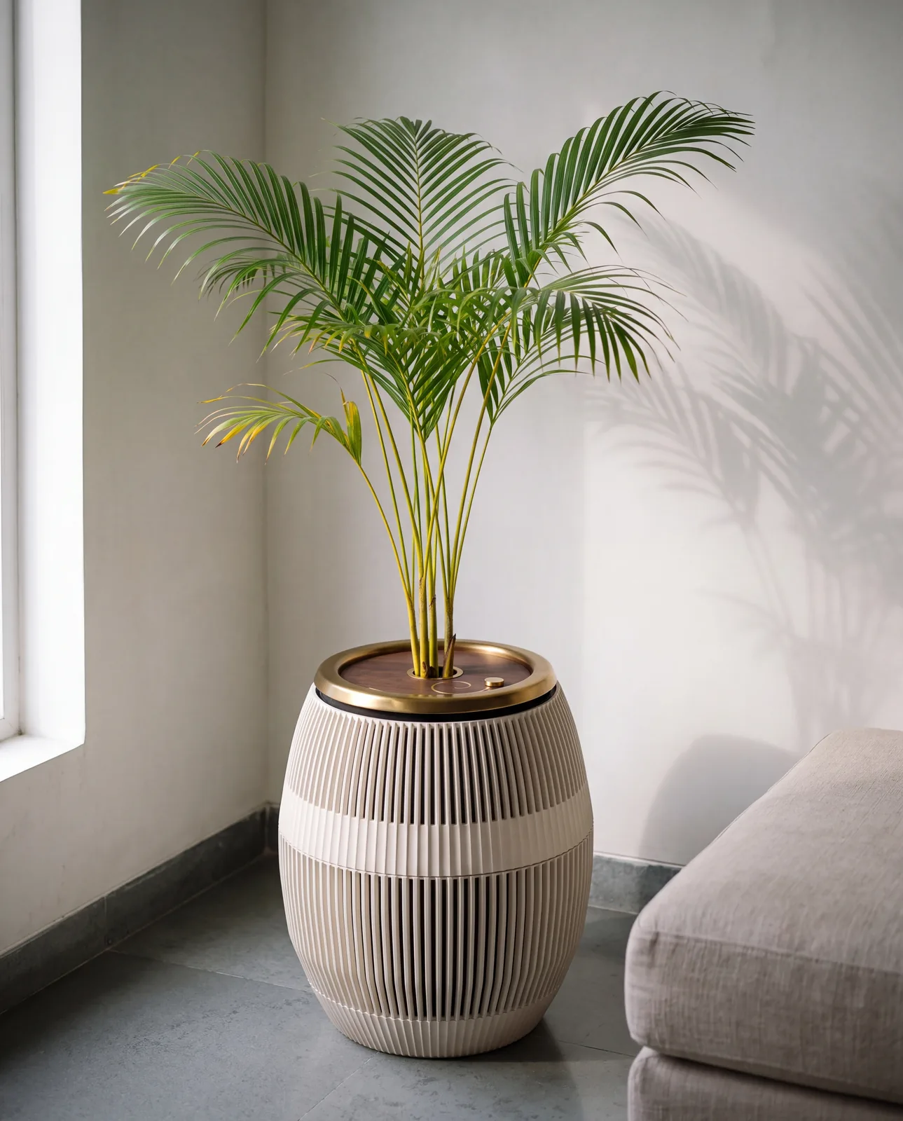 Purispira Home Column in Bone in the corner of a living room beside a sofa