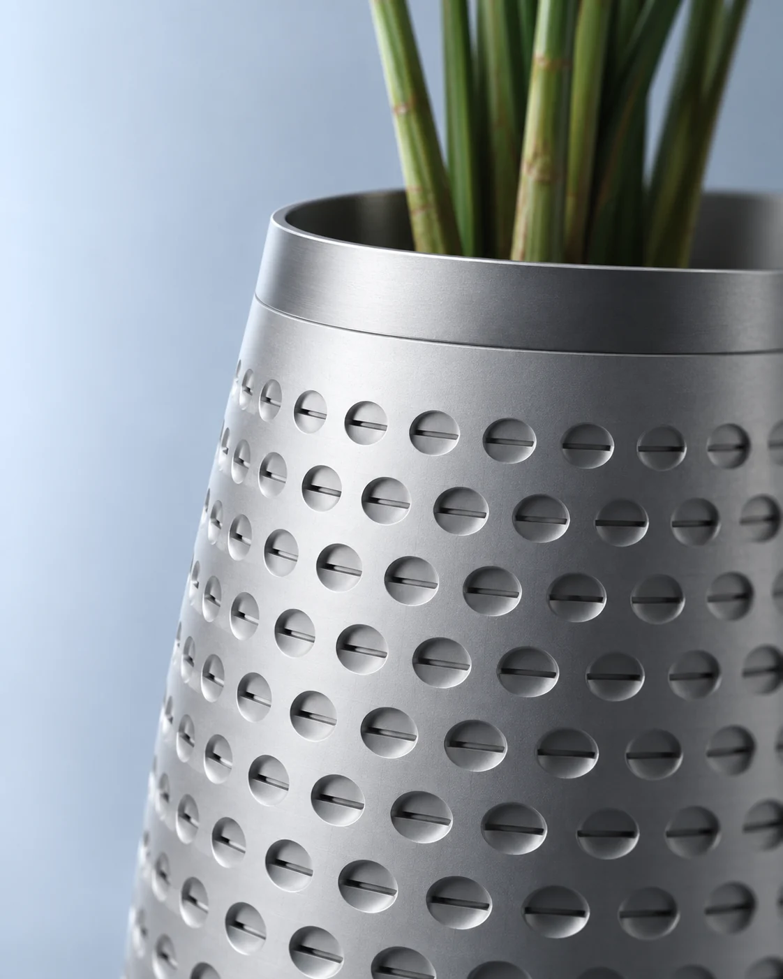 The rim of Purispira Pro, a plain brushed band above the dimples, with the palm's canes rising from it